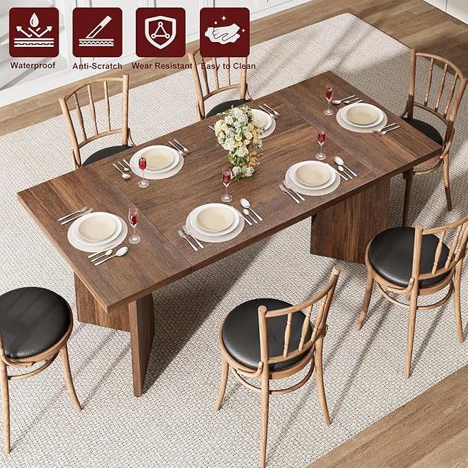 GarveeHome 70.9'' Rectangular Dining Table for 6-8, Wooden Thickened Long Desk, Farmhouse Kichen Table with Sturdy Frame and M-Shaped Legs, for Dining Room, Kitchen, Living Room, Office, Retro Brown