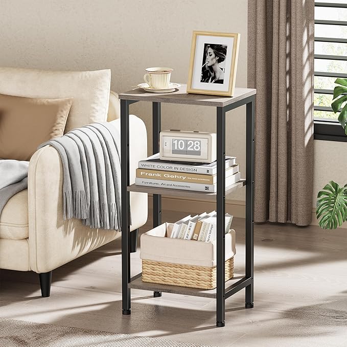 Asgolion Small Grey Side Table, Tall End Table with Adjustable Shelf for Living Room, Grey Nightstand, Accent Table Stand for Home Decor, Office, Greige