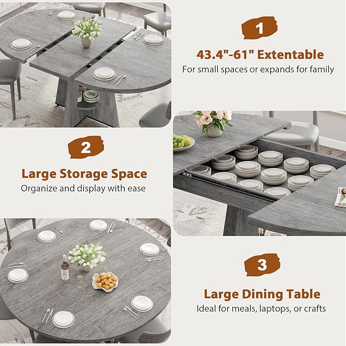 Extendable Dining Table, Round Kitchen Dining Room Dinner Table with for 4 6 8 People, Space Saving Modern Oval Expandale Furniture with Storage and Pedestal for Kitchen Living Room (Grey)
