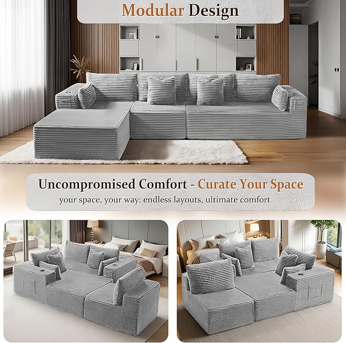 138" Oversized Cloud Sectional Couch, Comfort L Shaped Boneless Couch for Living Room, Extra Deep Seats No Assembly, Minimalist Modular Sofa, Corduroy (Light Grey, 3 seater+Right Facing Chaise)