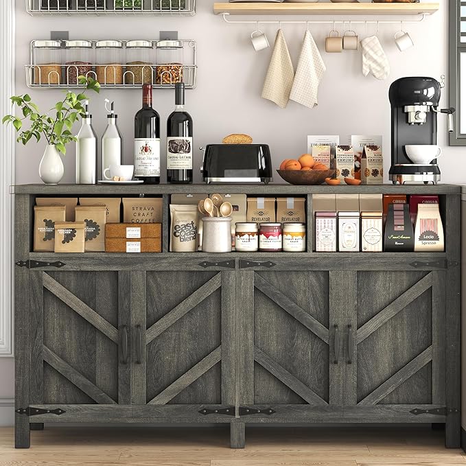 knoworld Buffet Sideboard with Storage Farmhouse with 4 Doors, 55'' Large Kitchen Storage Cabinet Wood Coffee Bar Cabinet Buffet Table with Shelves for Kitchen, Dining Room, Entryway (Gray, 55in)