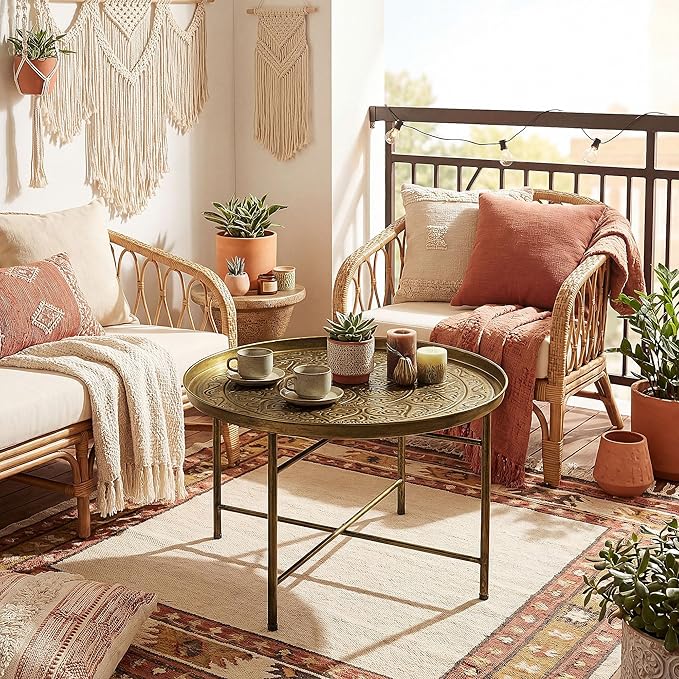 HOMCOM 24" Round Coffee Table with Hammered Tray Top, Vintage Metal Center Table for Living Room, Bedroom, Side Table, Gold