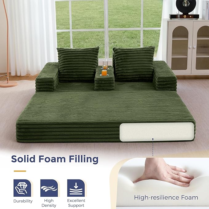 MAXYOYO Loveseat Sofa Bed, Striped Faux Fur Foldable Floor Sofa Couch in A Box, 4 in 1 Convertible Boneless Couch with 2 Cup Holders, Folding Recliner Sleeper Chair, No Assembly Required, Pine Green