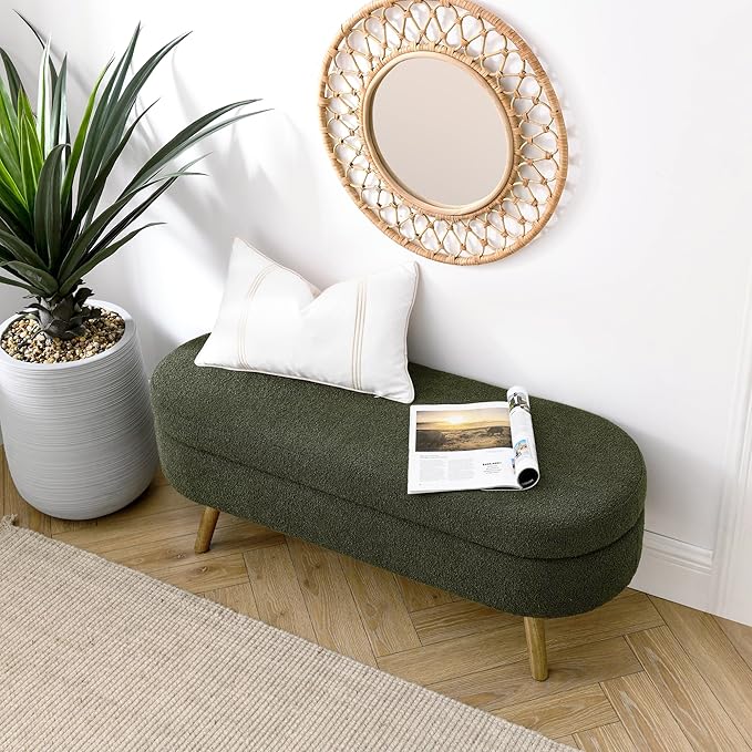43.5" Ottoman with Storage, Storage Ottoman Bench with Safety Hinge, Foam End of Bed Bench, Upholstered Entryway Bench for Bedroom, Living Room & Window, Holds up to 330 lb, Green