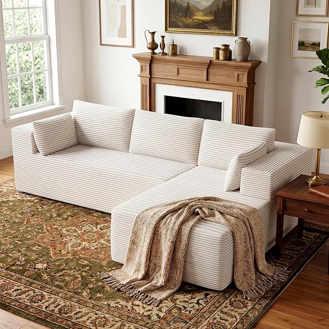 106" Cloud Sectional Boneless Couches for Living Room, Modular L Shaped Couch with Deep Seat Oversized Right Facing Chaise, Memory Foam Compressed Spineless 3 Seater Sofa for Apartment, Beige