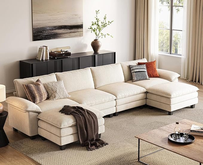 LINSY HOME 157" Modular U-Shaped Sectional Sofa, 4-Seat Corduroy Modern Cloud Couch with Deep Seat & 2 Movable Ottoman, Perfect for Living Room, Office, Bedroom, Beige