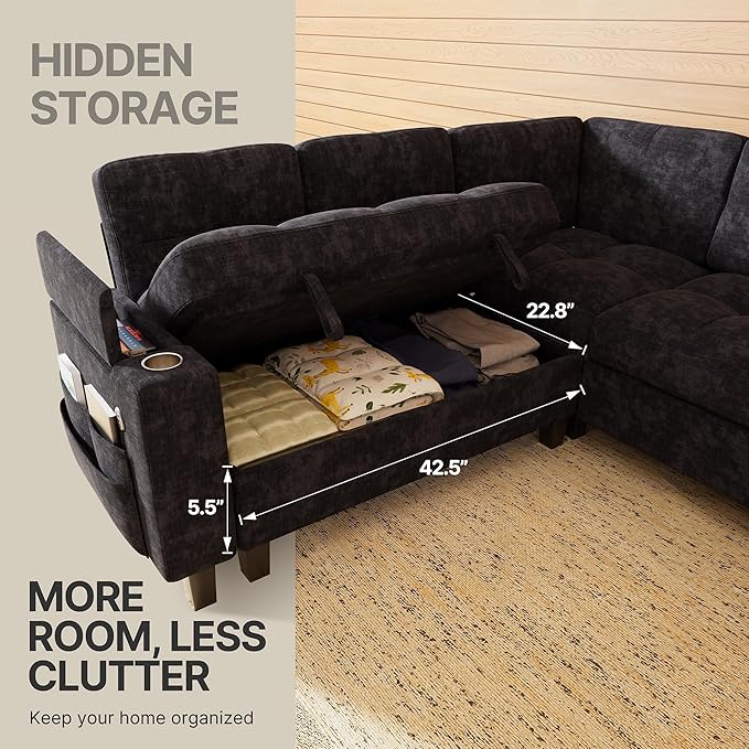 Marsail 84.6" Sectional Sleeper Sofa with Pull Out Bed, 5 Seat Modular Sectional Couch with Storage, USB & Cup Holders, Modern Chenille Cloud Sofa for Living Room, Dark Gray