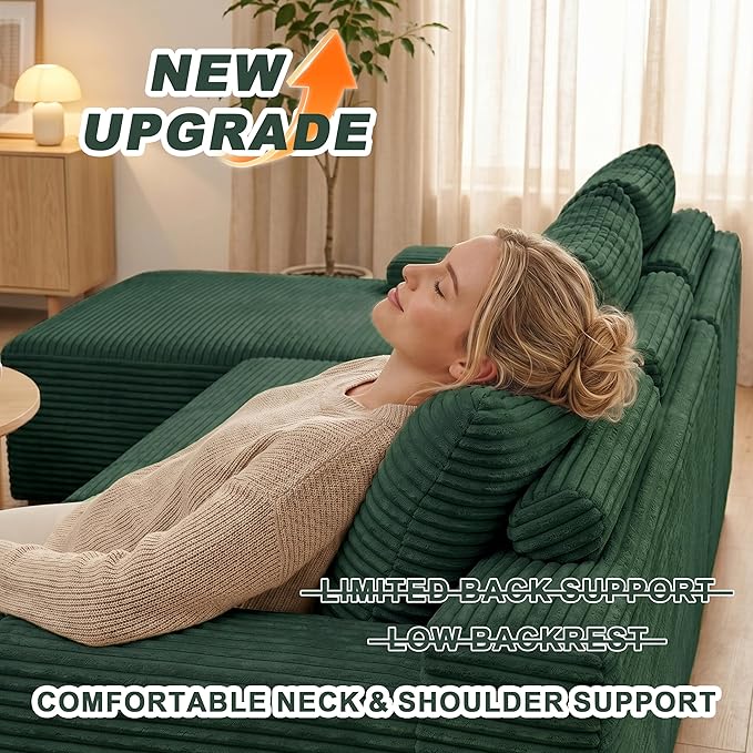 Mangodan Cloud Sectional Sofa, Boneless Couch for Living Room, Modular Sectional Sofa with Deep Seat, Fluffy L-Shaped Comfy Couch with Right-Facing Chaise, No Assembly Required, Green