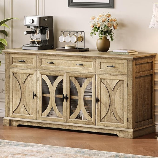 Einhomn 64" Farmhouse Sideboard Cabinet with 3 Drawers and 4 Doors, Buffet Cabinet with Adjustable Shelves and Curved Glass Doors, Large Storage Cabinet for Dining Room, Living Room, Kitchen,Natural
