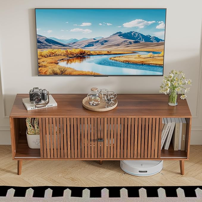 Oubayajia Mid Century Modern TV Stand for Televisions up to 60 Inches, with Sliding Doors and Storage, Television Stands, TV Consoles, Media Consoles for Living Room(Walnut-51.2inch)