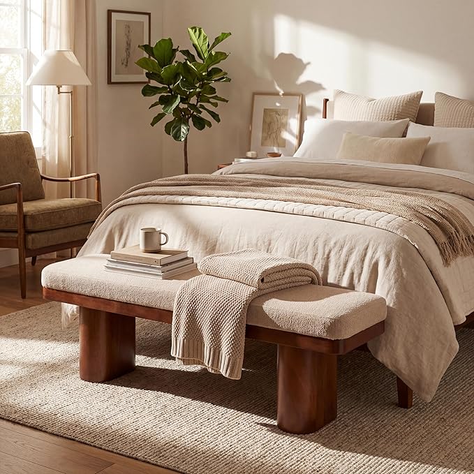Christopher Knight Home 55" Chenille Upholstered Bench with Solid Rubber Wood Legs, Modern Farmhouse Bedroom Bench, Padded Entryway Bench Seat, Dining Bench for Living Room End of Bed, Light Brown