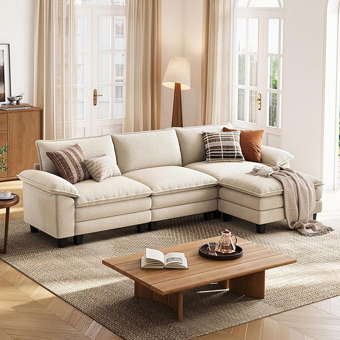 LINSY HOME 123" Modular L-Shaped Sectional Sofa, 3-Seat Corduroy Modern Cloud Couch with Deep Seat & 1 Movable Ottoman, Perfect for Living Room, Office, Bedroom, Beige