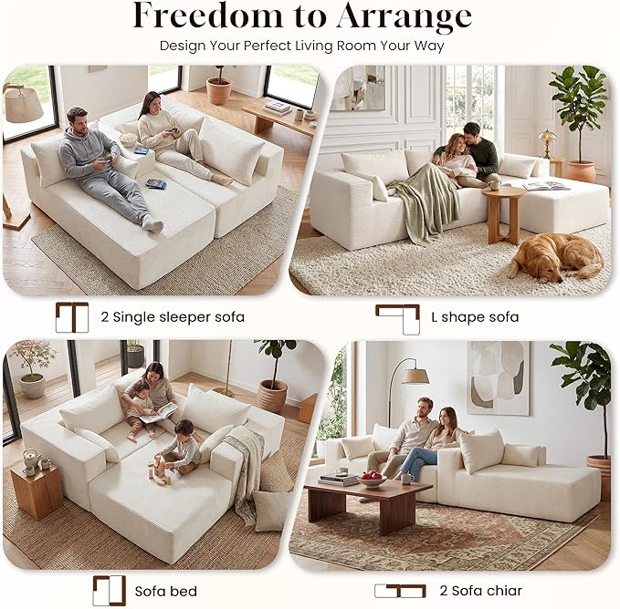 106" Cloud Sectional Boneless Couches for Living Room, Modular L Shaped Couch with Deep Seat Oversized Left Facing Chaise, Memory Foam Compressed Spineless 3 Seater Sofa for Bedroom Apartment, Beige