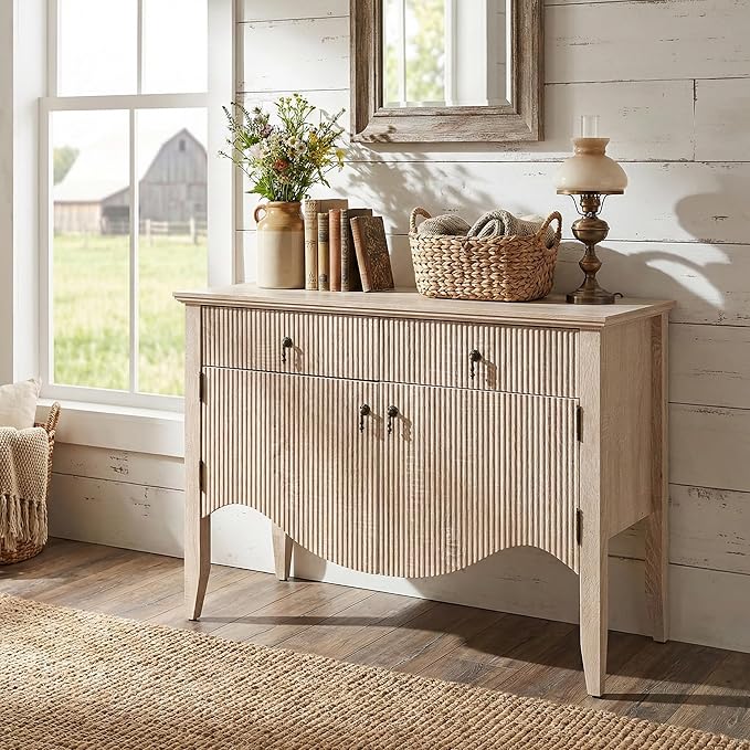 FUSUNBAO Retro Buffet Cabinet with Storage, Fluted Sideboard Credenza with Drawer, Accent Bar Cabinet for Living Room Furniture, Coffee Bar or Entryway, Dining Room (Oak, 40Inch)