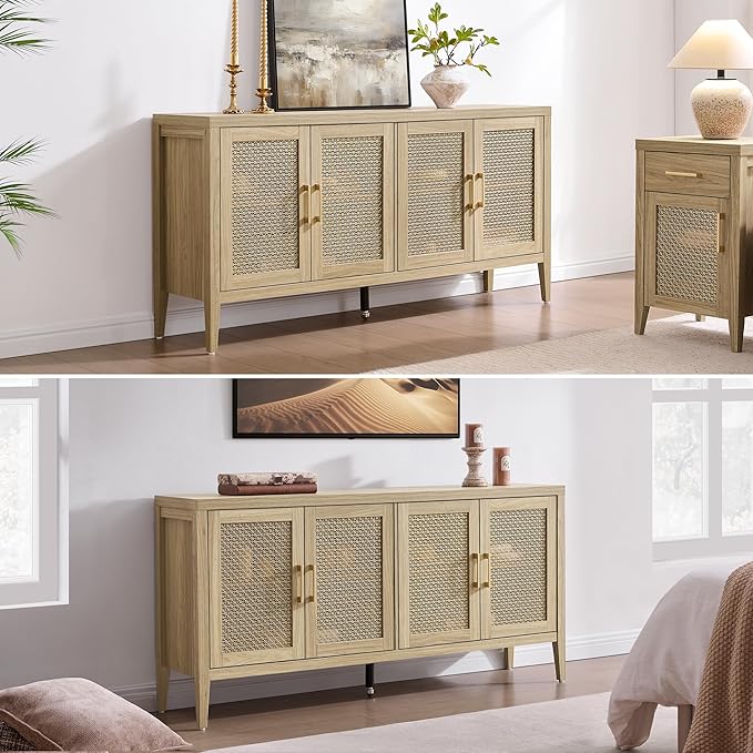 SICOTAS TV Stands for Living Room - Modern TV Console with 4 Doors Cabinet, 59" Television Stands Farmhouse Entertainment Center Media Console Credenza for 45 50 55 60 65 Inch TVs, Light Walnut