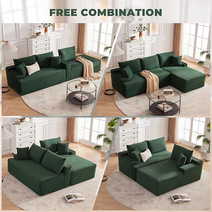 Mangodan Cloud Sectional Sofa, Boneless Couch for Living Room, Modular Sectional Sofa with Deep Seat, Fluffy L-Shaped Comfy Couch with Right-Facing Chaise, No Assembly Required, Green