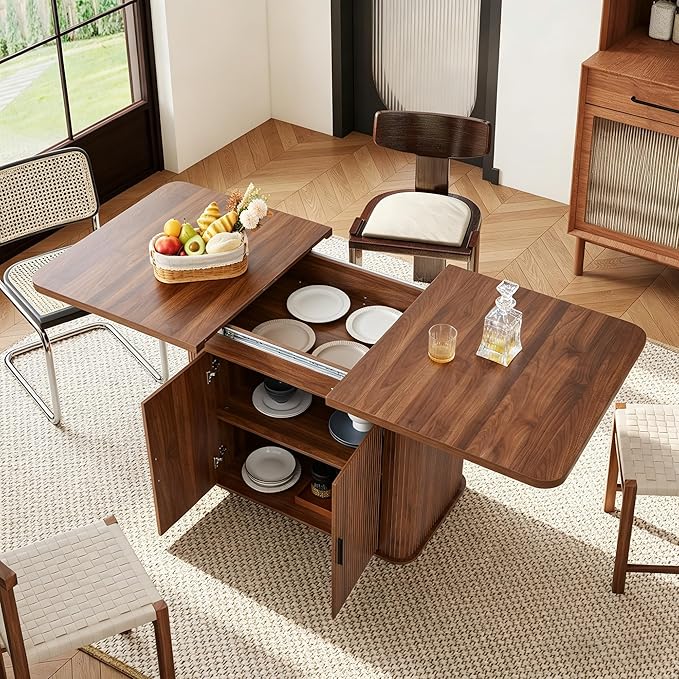 weselon 55"-71" Extendable Dining Table with Storage, Expandable Kitchen Table for 4-6, Space Saving Dining Room Table with Hidden Storage Cabinet, Adjustable Shelves & Fluted Base (Walnut)