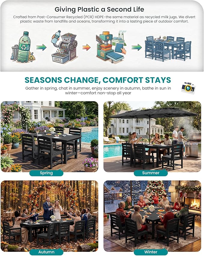 SERWALL Patio Dining Sets for 10 Person, HDPE Dining Set with 2 Tables, 8 Armless Chairs and 2 Armed Dining Chairs, Black
