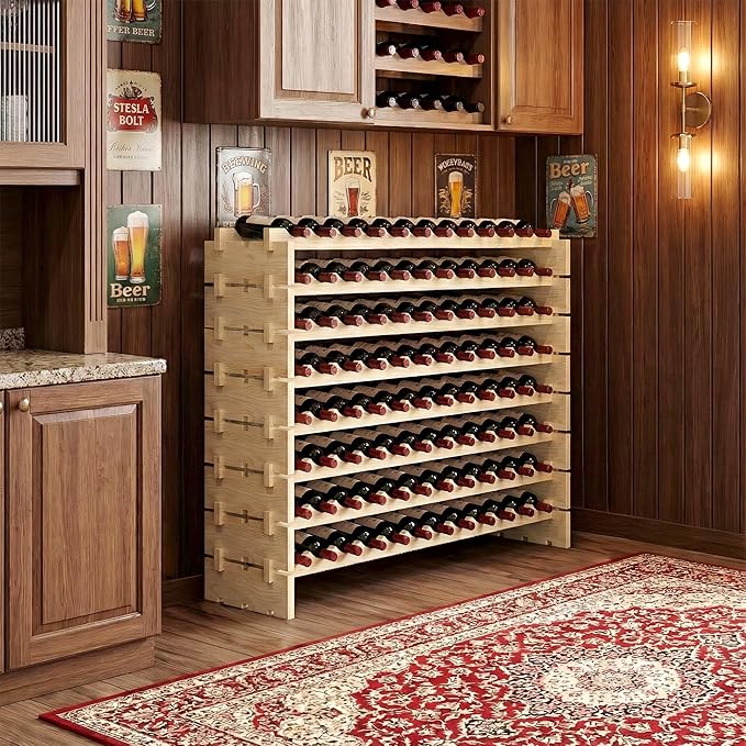 96 Bottles Stackable Modular Wine Rack, 8-Tier Wooden Wine Storage Rack Freestanding Wine Holder Display Shelves, Wobble-Free Shelves, Solid Wood