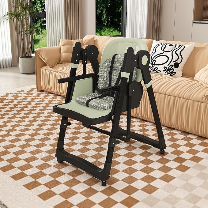 Foldable Baby High Chair with 150° Swing & Recline,Convertible High Chairs for Babies and Toddlers,5 Height Levels,3 Backrest & Footrest Positions,Removable Double Tray,Lockable Wheels (Dark Green)