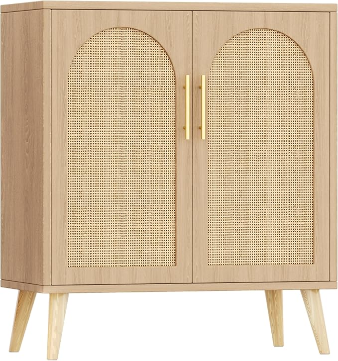 15.7"D Rattan Buffet Sideboard Cabinet with Storage, Modern Accent Cabinet with Adjustable Shelf & Solid Wood Legs, Coffee Bar Cabinet with Doors for Kitchen, Living Room, Entryway, Natural Oak