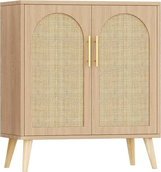 15.7"D Rattan Buffet Sideboard Cabinet with Storage, Modern Accent Cabinet with Adjustable Shelf & Solid Wood Legs, Coffee Bar Cabinet with Doors for Kitchen, Living Room, Entryway, Natural Oak