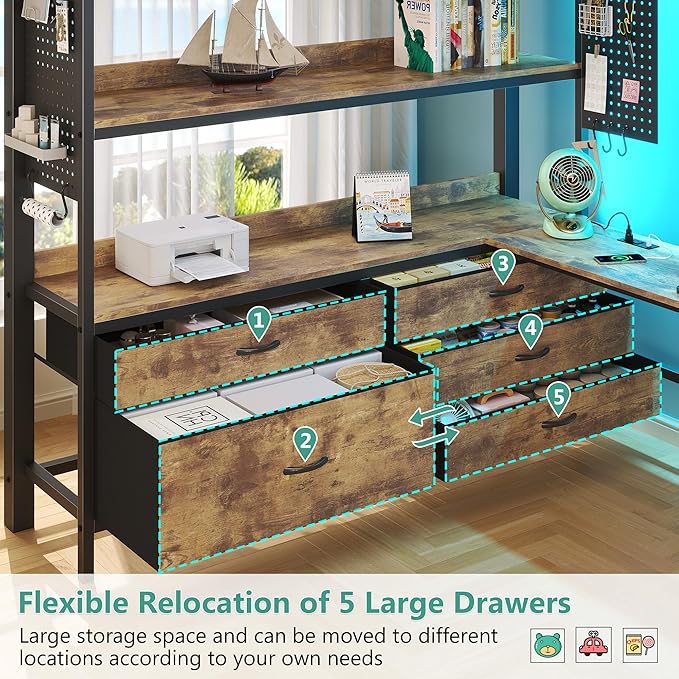 BYSAUD Full Size Loft Bed with Desk and 5 Drawers, Stable Metal Loft Bed Frame with Upholstered Backrest, Stairs, Power Outlet & LED Lights, Noise Free Space-Saving Design, Rustic Brown