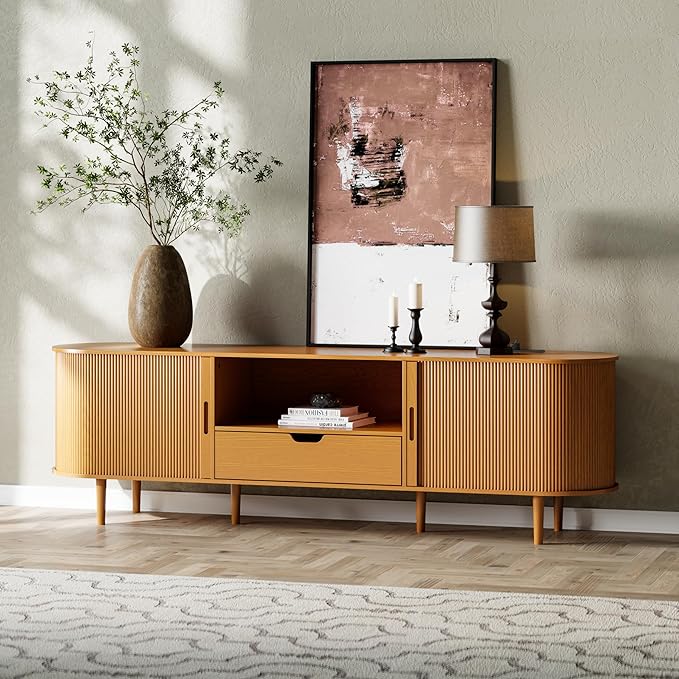 DHH 71" Fluted TV Stand with Power Outlet for TVs up to 80",TV Console with Adjustable Shelves and Sliding Door,Mid Century Modern Entertainment Center for Living Room,Bedroom (Yellow Walnut, 71Inch)