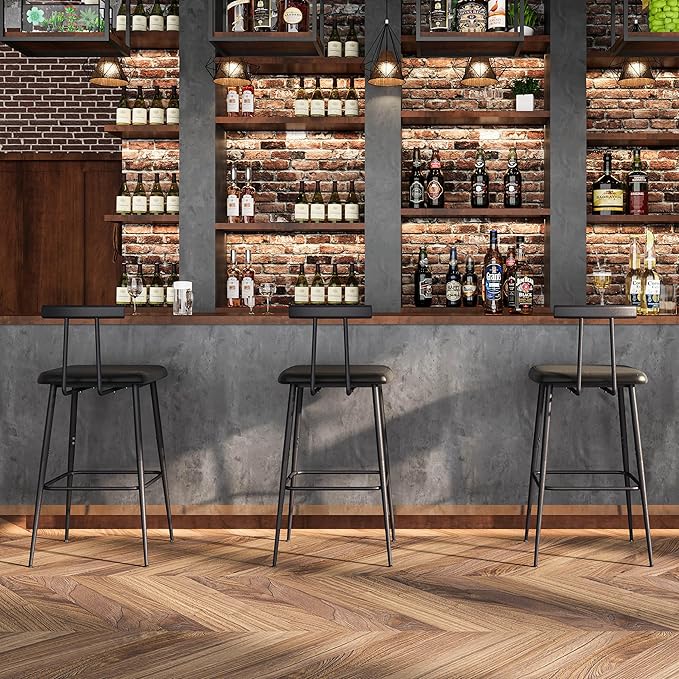 Bar Stools Set of 2, Tall Bar Stools with Backrest and Footrest, Counter Height Bar Chairs, Industrial Barstools with PU Leather Cushion, for Kitchen, Dining Room, Bar, Cafe (Black) KBS515B