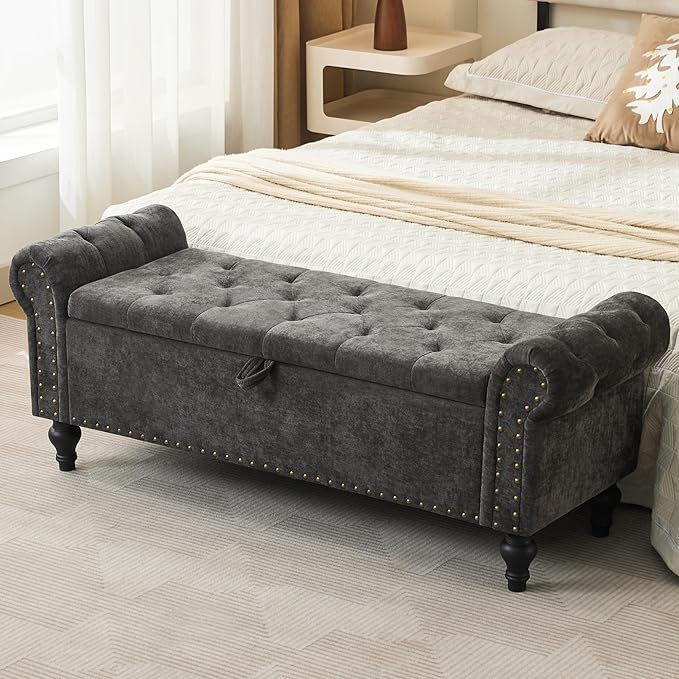 51" Storage Ottoman Bench, End of Bed Bench for Bedroom, Chenille Upholstered Benches for Foot of Bed, Window Benches, Storage Ottomans for Living Room, Entryway, Dark Gray