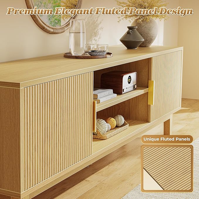 PRAISUN 54 Inch Fluted TV Stand for TVs Up to 55, 60 Inch, Mid Century Modern Entertainment Center with Storage, TV Console with Adjustable Shelves, Midea Console for Living Room Bedroom, Beige