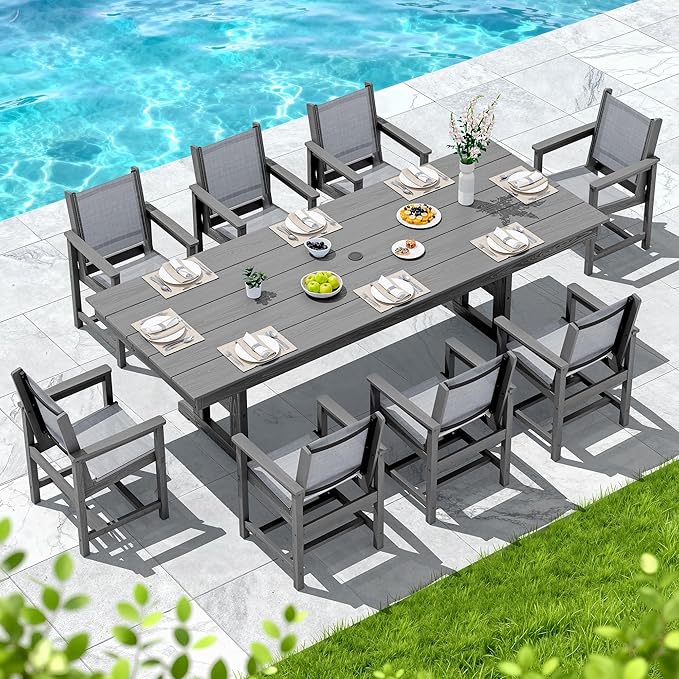 SERWALL 9 Piece Outdoor Dining Set, 84" HDPE Outdoor Large Table and Textilene Sling Chairs for 8，All Weather Patio Dining Furniture Set with Umbrella Hole for Backyard, Garden, Gray
