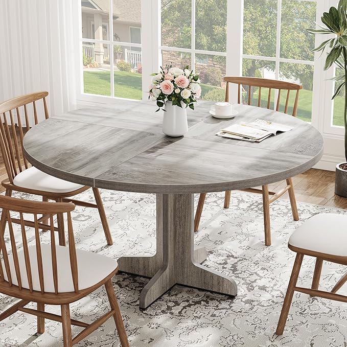 IDEALHOUSE Round Dining Table for 4, 47 Inches Dining Room Table with Wooden Base, Circle Kitchen Dinner Table for Dining Room, Kitchen, Living Room (Table Only), Grey