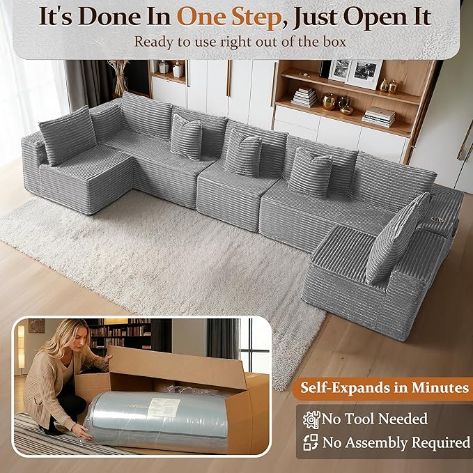 168" Cloud Sectional Couch, Comfort U Shaped Sofa for Living Room, Extra Deep Seats No Assembly, Minimalist Modular Couch, Corduroy (Light Grey, 7 Seats,U-Shape B)