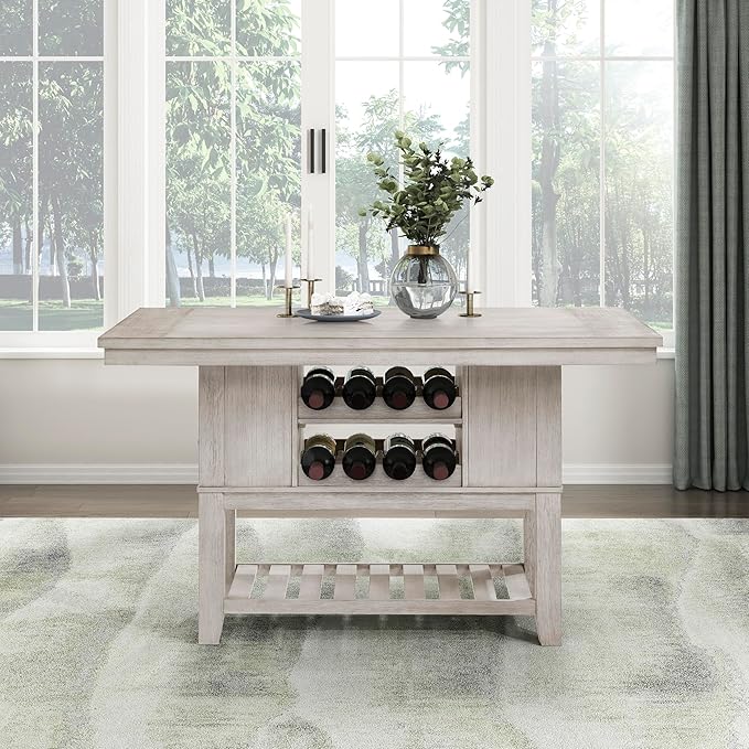 Lexicon 60" Farmhouse Counter Height Dining Table for 6, Solid Wood Frame Acacia Veneer Rectangular Dining Table with Wine Storage, Drawers, and Open Shelves, Brushed Antique White
