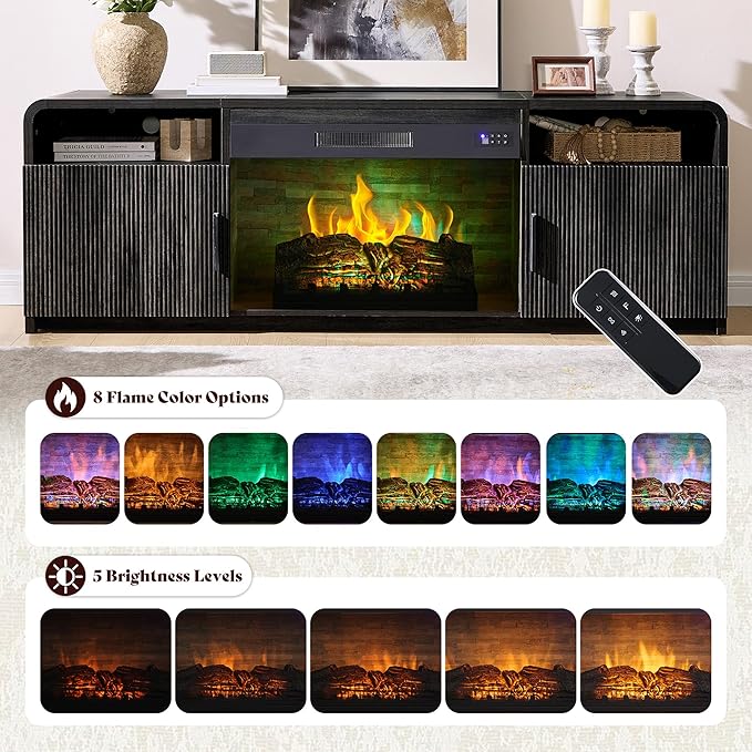 AMERLIFE 70" Fluted Fireplace TV Stand for TVs Up to 80", Modern TV Console with 30" Electric Fireplace & Storage Cabinets, Media Entertainment Center for Living Room, Black