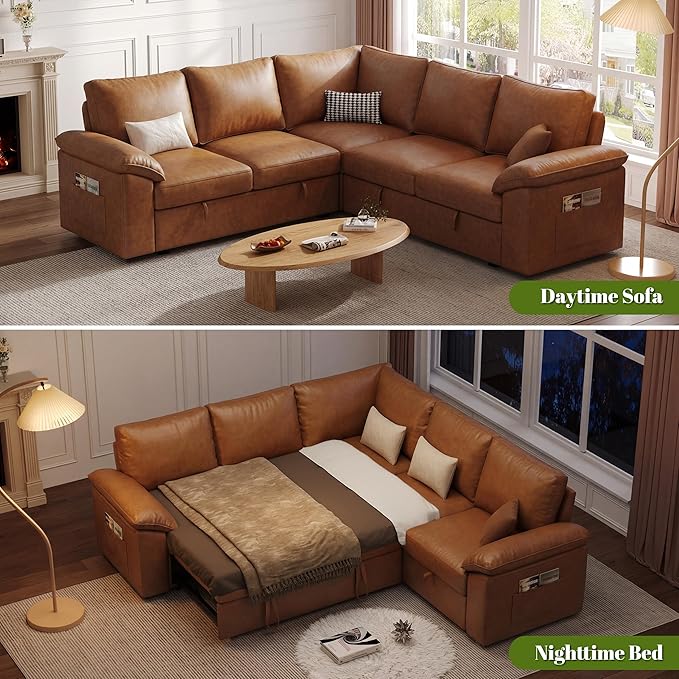 85 Inch Faux Leather Modular Sectional Sofa with Pull Out Bed, L Shaped 5 Seat Sectional Sleeper Sofa with Storage, Sectional Couches for Living Room, Cloud Modular Couch,Brown Leather