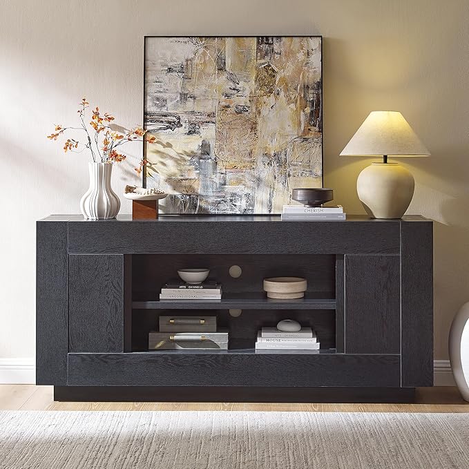 OKD Modern 70" TV Stand, Entertainment Center for TVs Up to 80", Media Console with Large Open Storage & Side Cabinets, Thick Wood Design for Living Room, Black Oak