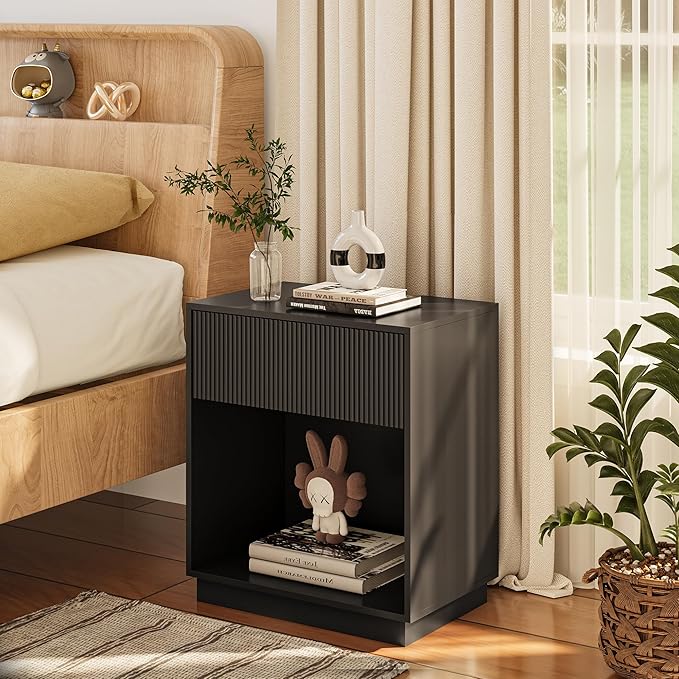 Fluted Nightstands Set of 2, Modern Bedside Table with Drawer and Storage Shelf, Wood End Table Mid Century Night Stands for Bedroom Living Room Sofa Couch Office (Black)