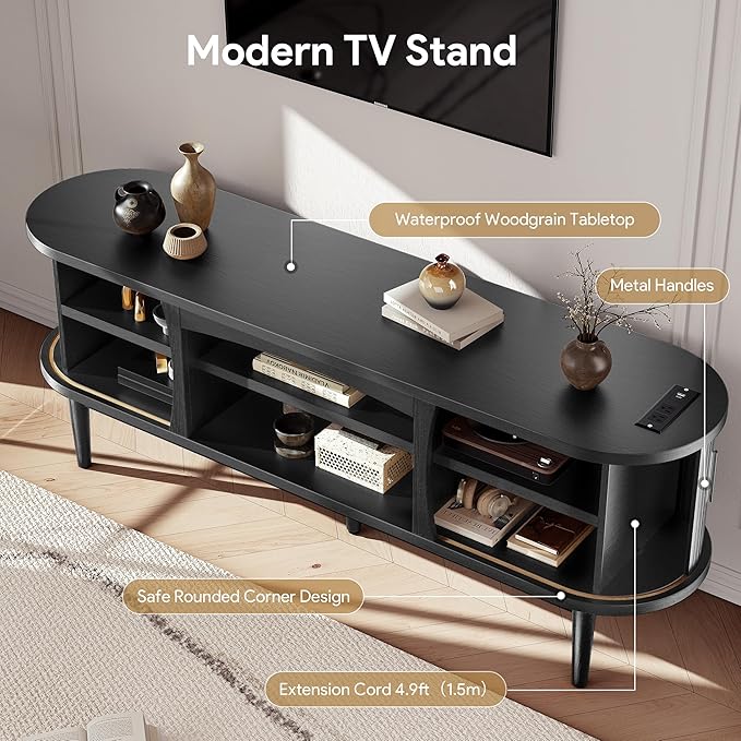 Decofy Mid Century TV Stand for TVs up to 70 Inches, Entertainment Center with Storage, Power Outlet, Fluted Sliding Doors & Adjustable Shelves, Modern Media TV Console Table for Living Room (Black)