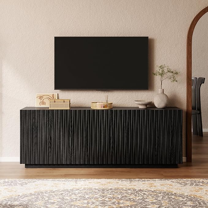 70" Fluted TV Stand for TVs Up to 50/55/65/75", Mid-Century Modern Entertainment Center for Living Room, Tall Sideboard & Storage Cabinet Wavy Media & TV Console, 8 Cable Holes&Soft-Close,Black Walnut