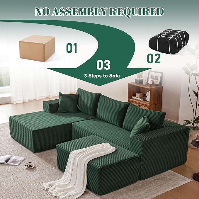 Mangodan 110” Cloud Sectional Couch, Modular Sectional Sofa with Deep Seat, Boneless Sofa for Living Room, Fluffy Comfy U-Shaped Couch with Left Facing Chaise, No Assembly Required, Green
