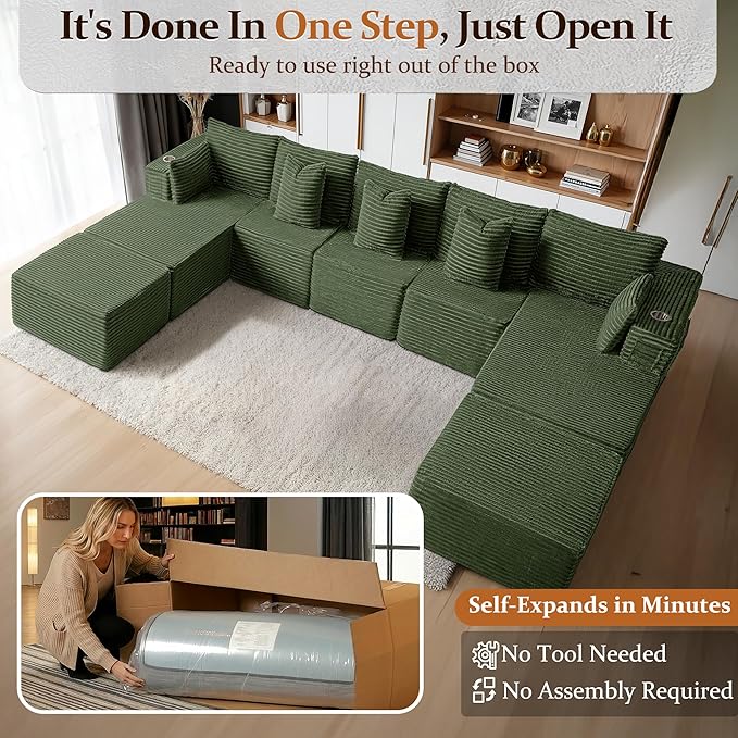 168" Cloud Sectional Couch, Comfort U Shaped Sofa for Living Room, Extra Deep Seats No Assembly, Minimalist Modular Couch, Corduroy (Olive Green, 9 Seats,U-Shape B)
