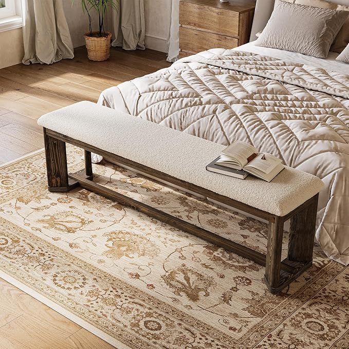 LITTLE TREE 63" Upholstered Bench, Solid Wood Entryway Shoe Bench with Cushion, Long Modern Farmhouse End of Bed Bench with Antique Brown Legs & Faux Lamb Fur Seat for Bedroom 2 PCS