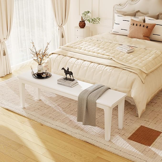 Dining Bench 55.1" Wood Solid Oak Wooden Bed End/Entryway Bench for Bedroom Living Room Kitchen(White)