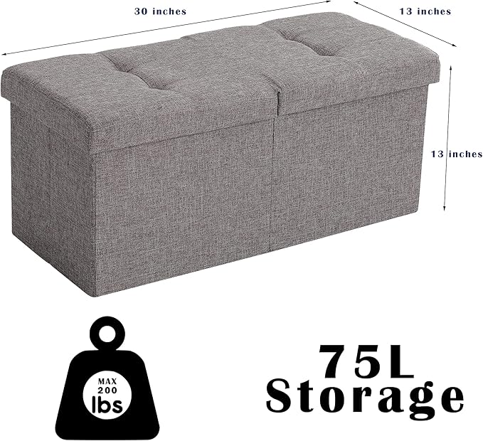 Storage Ottoman Bench Foldable Seat Footrest End of Bed Ottoman with Flipping Lid for Living Room, 75L, 30 inches Linen Fabric Grey