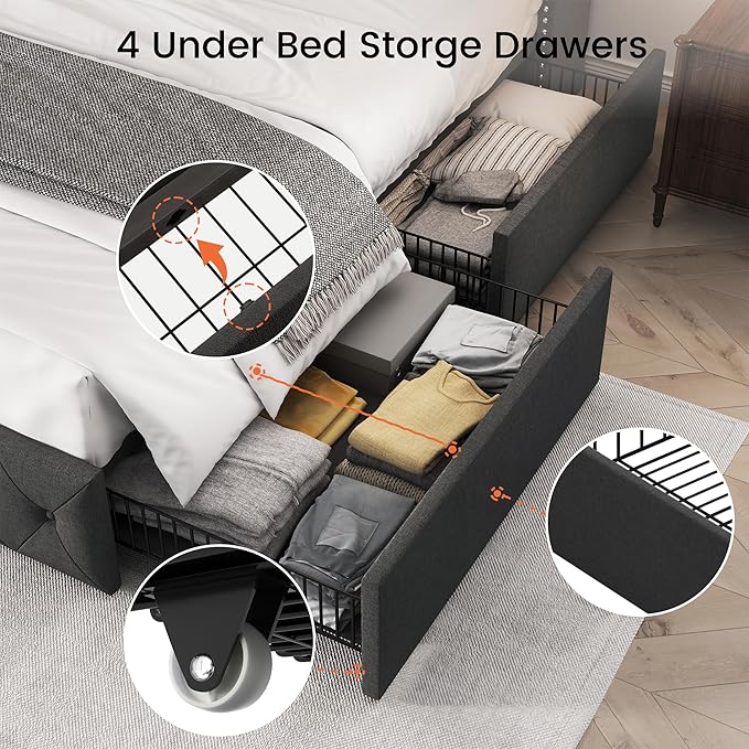 LARMACE King Size Platform Bed Frame with 4 Storage Drawers and 47.2" Tall Tufted Headboard Linen Upholstered Bed Wingback Bed Frame with Wooden Slats Support, Easy Assembly, Dark Grey