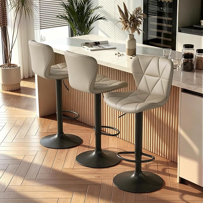 Nalupatio Modern Bar Stools Set of 3, Adjustable Faux Leather Upholstered Swivel Bar Stools, Counter Bar Chairs with Back for Kitchen Island, Khaki