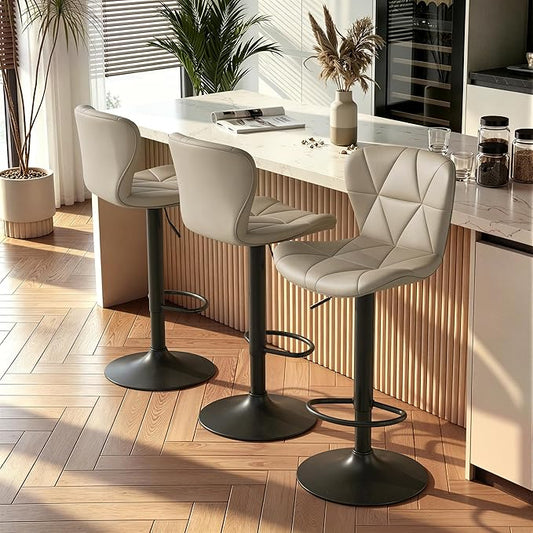 Nalupatio Modern Bar Stools Set of 3, Adjustable Faux Leather Upholstered Swivel Bar Stools, Counter Bar Chairs with Back for Kitchen Island, Khaki