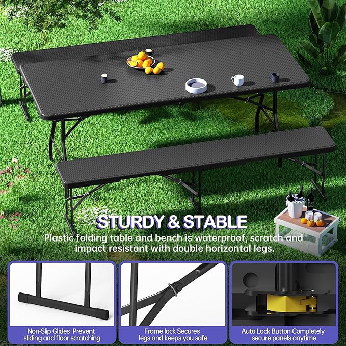 VSOAEIL 6 Foot Folding Bench, Portable Plastic Folding Bench Seat, Foldable Seat for Indoor Outdoor Picnic Camping Dining, Soccer Garden Multipurpose Entertaining Activities, Black Rattan, 1 Pack